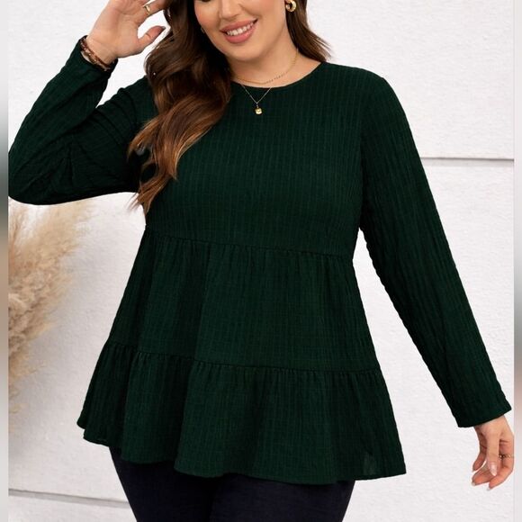 Emery Rose Tops - Emery Rose Dark Emerald Green Textured Babydoll Tunic Top 2XL Boho